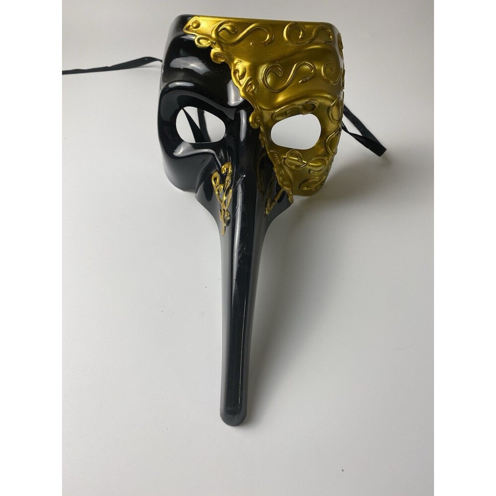 Plastic Mardi Gras Black Gold Mask With Ribbon Tie On